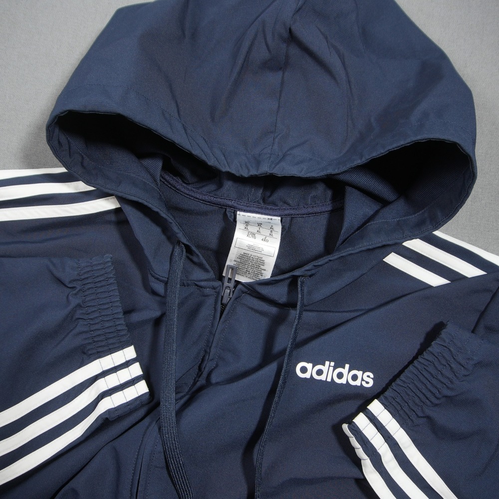 Adidas Track Three Stripe Hooded Full Zip Men Jacket XL Blue Gym Retro Training